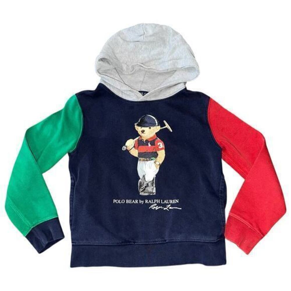 Polo by Ralph Lauren Kids Size 7 Navy Green Red Colorblock Polo Bear Hoodie